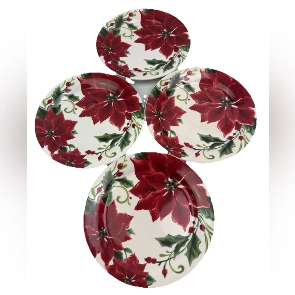 Lot Of 4 Pier 1 Imports Classic Poinsettia Pattern 9” Plates 10822327 READ FLAWS
